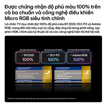 LG Micro RGB evo AI MRGB95, featuring Micro RGB ultra-fine color control, delivers 100% color coverage of BT2020, DCI-P3, and Adobe RGB as certified by Intertek. 