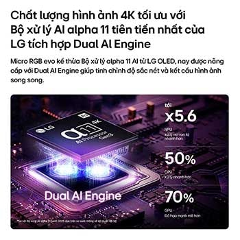 LG Micro RGB evo AI MRGB95’s alpha 11 AI Processor 4K Gen3 glows in purple light on a circuit board, highlighting the Dual AI Engine and delivering NPU up to x5.6 faster, CPU 50% faster, and GPU 70% stronger performance. 