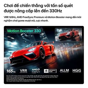 LG Micro RGB evo AI MRGB95 with Ultimate Gameplay shows a vibrant, high-speed racing scene with a blurred comparison inset highlighting Motion Booster 330, while supporting 165 Hz, VRR, AMD FreeSync, ALLM, HGiG, and GeForce NOW. 