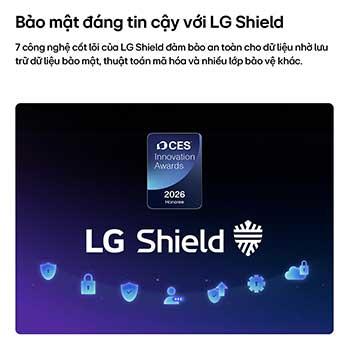 LG Shield, applied to LG Micro RGB evo AI MRGB95, is shown with an LG Shield logo at the center, security icons below, and a 2026 CES Innovation Awards Honoree badge above, representing data and system protection. 