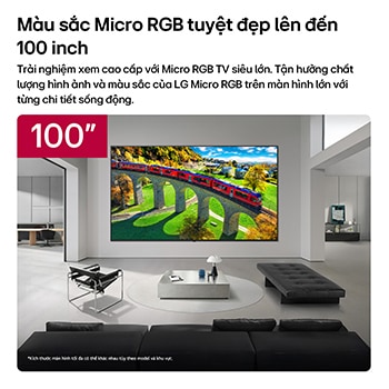 LG Micro RGB evo AI MRGB95, offering up to 100 inches, is wall-mounted in a spacious modern living room. Displaying a vivid, colorful landscape that highlights rich color and fine detail, elevating the interior to a new level. 