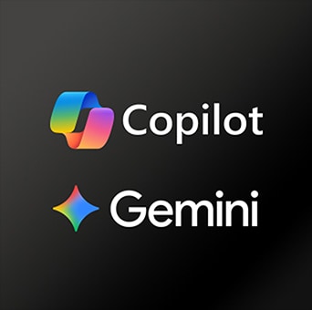 LG Mini RGB evo AI MRGB85 được trang bị webOS Multi-AI thắng giải, hiển thị trên nền tối với logo Microsoft Copilot và Google Gemini, cho thấy khả năng truy cập các dịch vụ AI trực tiếp qua giao diện TV.