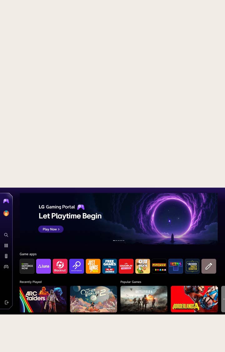 LG Mini RGB evo AI MRGB85 hiển thị LG Gaming Portal trên màn hình webOS, cho thấy trung tâm chơi game với giao diện truy cập một bước, cho phép truy cập nhiều ứng dụng game thông qua các dịch vụ cloud gaming như NVIDIA GeForce NOW và các ứng dụng webOS.