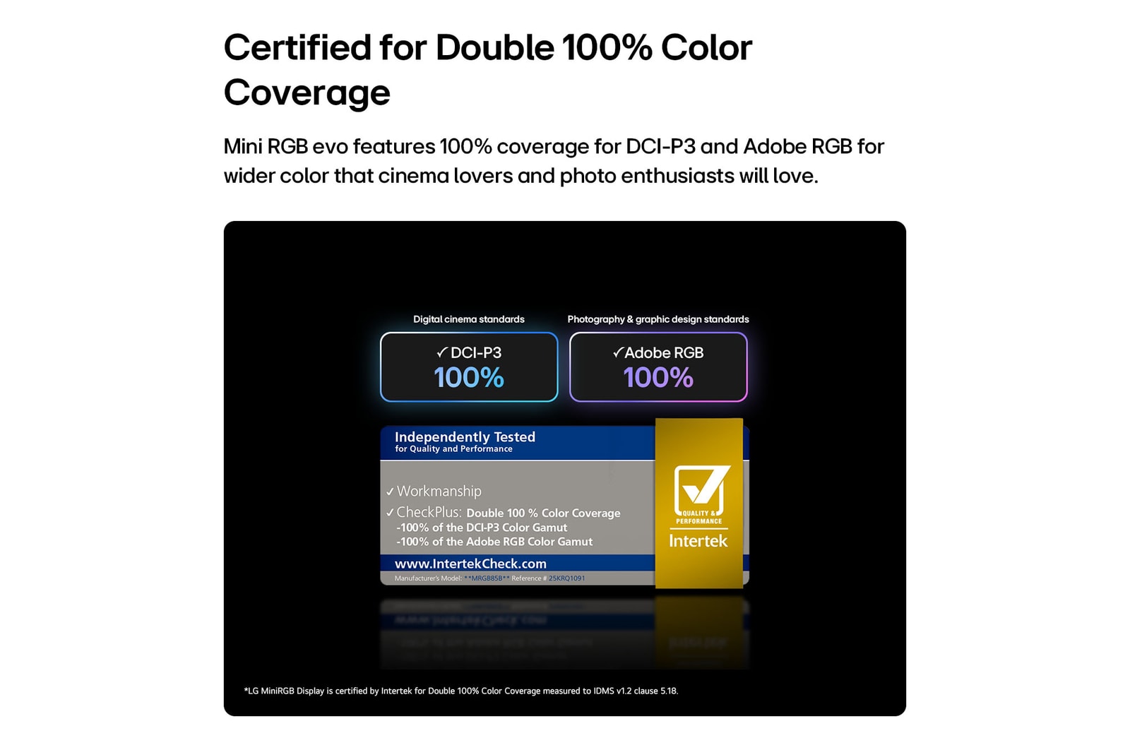 LG Mini RGB evo AI MRGB85, featuring RGB Primary Color Pro, delivers 100% color coverage of DCI-P3 and Adobe RGB, certified by Intertek.