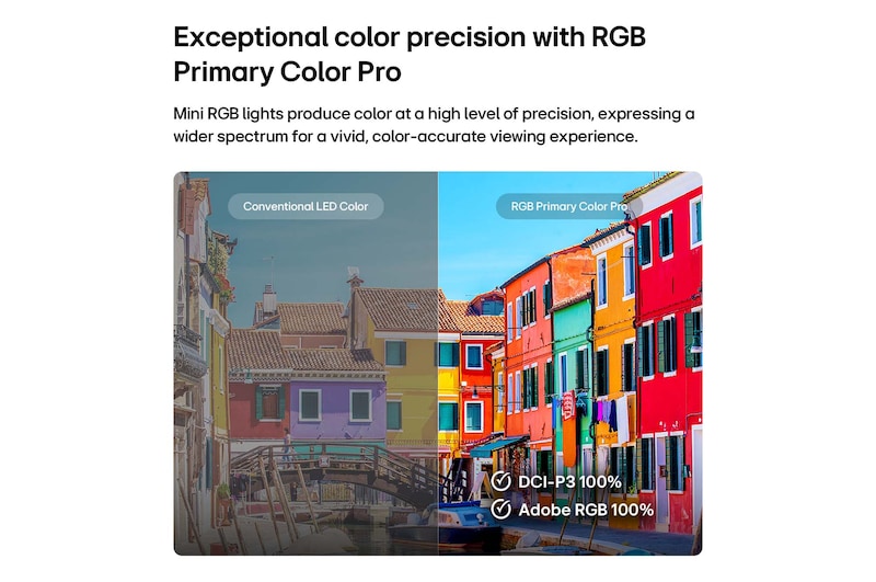 RGB Primary Color Pro, used in LG Mini RGB evo AI MRGB85, features a split image comparing conventional LED color on the left with brighter, more saturated buildings on the right, highlighting 100% DCI-P3 and 100% Adobe RGB coverage.