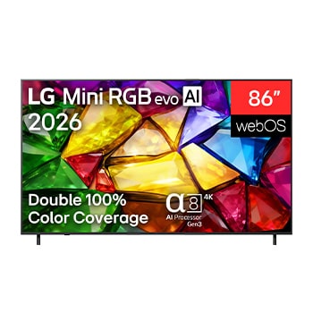 The front view of LG Mini RGB evo AI MRGB85, released in 2026, displays a crystalline image of sharply defined multicolored facets, featuring an 75-inch display, webOS, RGB Primary Color Pro, and the alpha 8 AI Processor 4K Gen3.