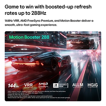 LG Mini RGB evo AI MRGB85 with Ultimate Gameplay shows a vibrant, high-speed racing scene with a blurred comparison inset highlighting Motion Booster 288, while supporting 144Hz, VRR, AMD FreeSync, ALLM, HGiG, and GeForce NOW.