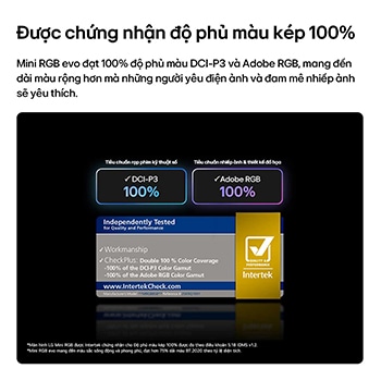 LG Mini RGB evo AI MRGB85, featuring RGB Primary Color Pro, delivers 100% color coverage of DCI-P3 and Adobe RGB, certified by Intertek.