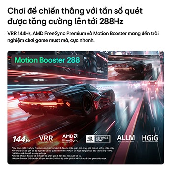 LG Mini RGB evo AI MRGB85 with Ultimate Gameplay shows a vibrant, high-speed racing scene with a blurred comparison inset highlighting Motion Booster 288, while supporting 144Hz, VRR, AMD FreeSync, ALLM, HGiG, and GeForce NOW.