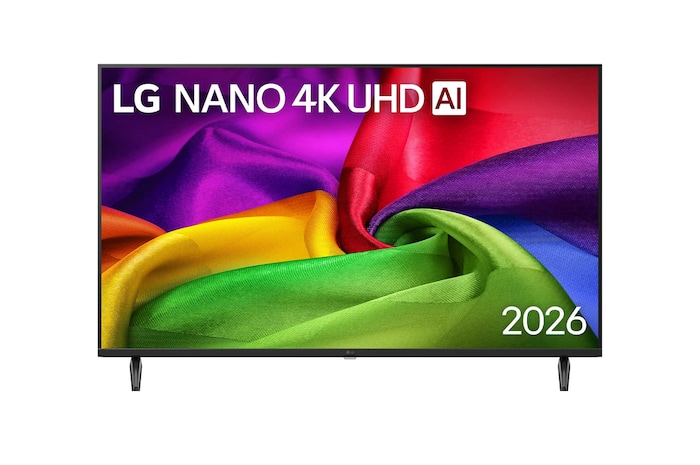 The front view of LG NANO 4K UHD AI NU80, released in 2026, fills the screen with richly textured, fabric-like color layers, where vibrant multicolored folds intertwine smoothly across the display.