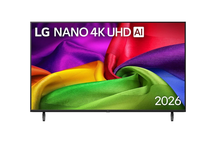 The front view of LG NANO 4K UHD AI NU80, released in 2026, fills the screen with richly textured, fabric-like color layers, where vibrant multicolored folds intertwine smoothly across the display.