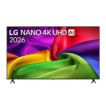 The front view of LG NANO 4K UHD AI NU80, released in 2026, fills the screen with richly textured, fabric-like color layers, where vibrant multicolored folds intertwine smoothly across the display.