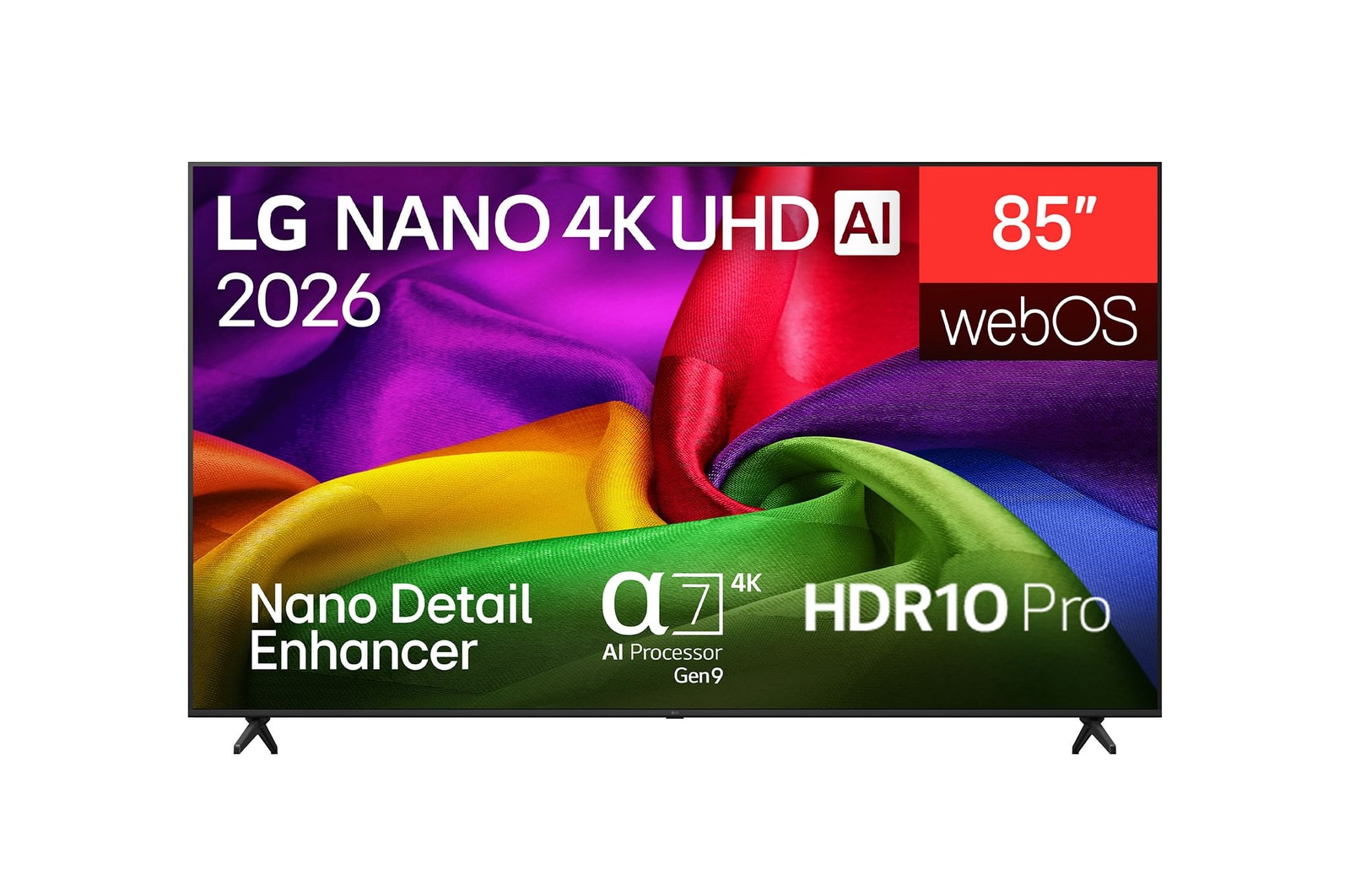 The front view of the LG NANO 4K UHD AI NU80, released in 2026, displays vividly colored, fabric-like textures on screen, featuring Nano Detail Enhancer, an α7 AI Processor 4K Gen9, HDR10 Pro, webOS, and a 85-inch display.