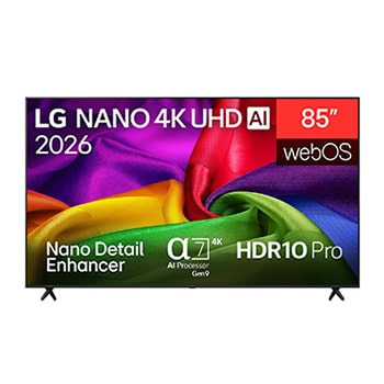 The front view of the LG NANO 4K UHD AI NU80, released in 2026, displays vividly colored, fabric-like textures on screen, featuring Nano Detail Enhancer, an α7 AI Processor 4K Gen9, HDR10 Pro, webOS, and a 85-inch display.