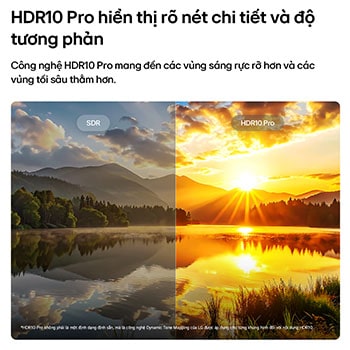 LG NANO 4K UHD AI NU80 highlights HDR10 Pro in a split scenic image comparing SDR and HDR10 Pro, revealing brighter highlights, deeper shadows, and enhanced contrast in a sunset lake scene for richer detail and clarity.