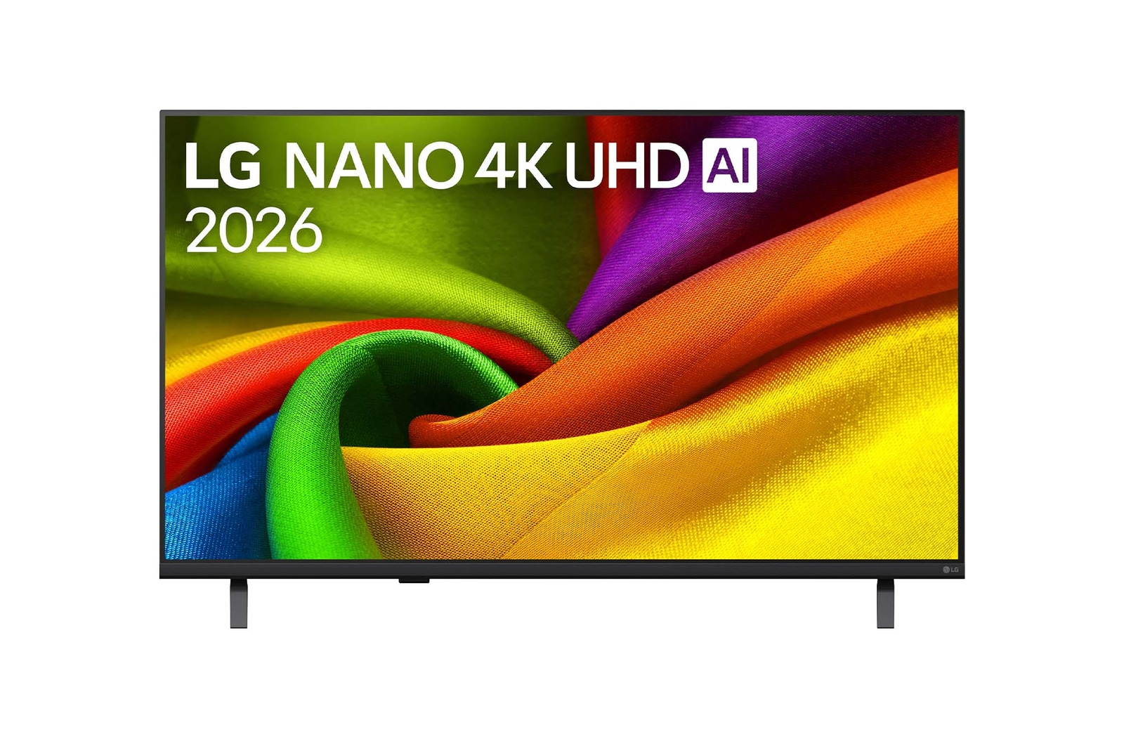 The front view of LG NANO 4K UHD AI NU85, released in 2026, fills the screen with smooth, flowing layers of vividly colored, fabric-like textures, as curved multicolored folds spread across the display.