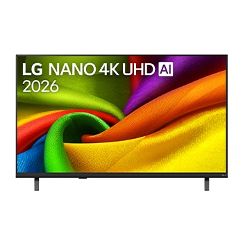 The front view of LG NANO 4K UHD AI NU85, released in 2026, fills the screen with smooth, flowing layers of vividly colored, fabric-like textures, as curved multicolored folds spread across the display.