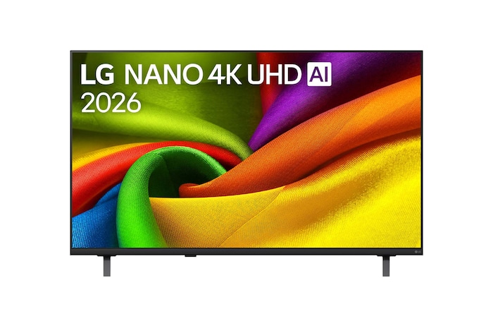 The front view of LG NANO 4K UHD AI NU85, released in 2026, fills the screen with smooth, flowing layers of vividly colored, fabric-like textures, as curved multicolored folds spread across the display.