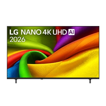 The front view of LG NANO 4K UHD AI NU85, released in 2026, fills the screen with smooth, flowing layers of vividly colored, fabric-like textures, as curved multicolored folds spread across the display.