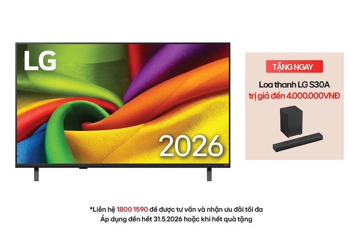 The front view of LG NANO 4K UHD AI NU85, released in 2026, fills the screen with smooth, flowing layers of vividly colored, fabric-like textures, as curved multicolored folds spread across the display.