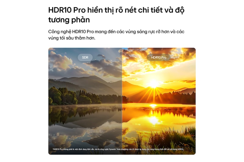 LG NANO 4K UHD AI NU85 highlights HDR10 Pro in a split scenic image comparing SDR and HDR10 Pro, revealing brighter highlights, deeper shadows, and enhanced contrast in a sunset lake scene for richer detail and clarity.