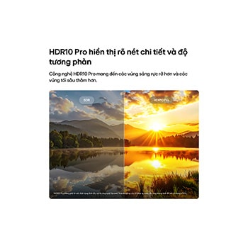 LG NANO 4K UHD AI NU85 highlights HDR10 Pro in a split scenic image comparing SDR and HDR10 Pro, revealing brighter highlights, deeper shadows, and enhanced contrast in a sunset lake scene for richer detail and clarity.