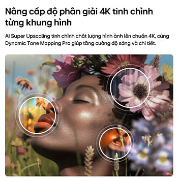 LG NANO 4K UHD AI NU85 enables 4K Super Upscaling with Dynamic Tone Mapping, showing a close-up portrait with flowers as AI refines each frame to enhance skin texture, fine details, and natural color up to 4K resolution.