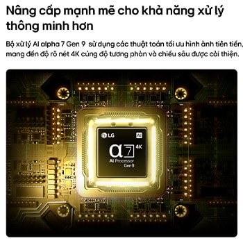 LG NANO 4K UHD AI NU85’s alpha 7 AI Processor 4K Gen9 glows at the center of a yellow circuit board, highlighting smarter, more powerful AI processing that enhances 4K image clarity with improved contrast and depth.
