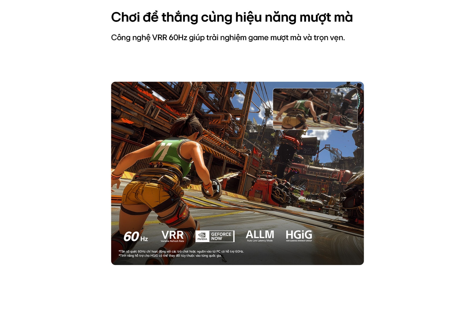 LG NANO 4K UHD AI NU85 for Ultimate Gameplay shows a fast-paced action game scene with a comparison inset highlighting smoother motion, while supporting up to 60Hz, VRR, ALLM, HGiG, and GeForce NOW.