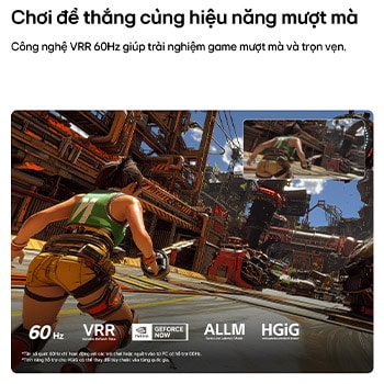 LG NANO 4K UHD AI NU85 for Ultimate Gameplay shows a fast-paced action game scene with a comparison inset highlighting smoother motion, while supporting up to 60Hz, VRR, ALLM, HGiG, and GeForce NOW.