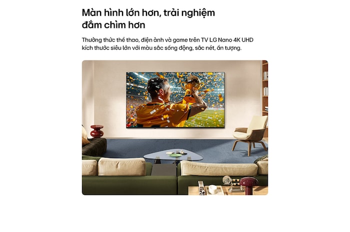 LG NANO 4K UHD AI NU85 Ultra Big TV is wall-mounted in a living space, showing a sports victory scene with confetti and a trophy, emphasizing vivid color, clear detail, and an immersive sense of scale.