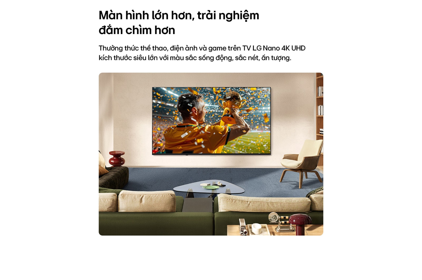 LG NANO 4K UHD AI NU85 Ultra Big TV is wall-mounted in a living space, showing a sports victory scene with confetti and a trophy, emphasizing vivid color, clear detail, and an immersive sense of scale.