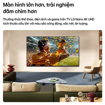 LG NANO 4K UHD AI NU85 Ultra Big TV is wall-mounted in a living space, showing a sports victory scene with confetti and a trophy, emphasizing vivid color, clear detail, and an immersive sense of scale.