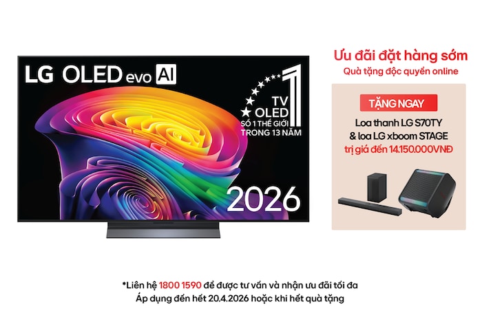 The front view of the LG OLED evo AI C6, released in 2026, displays an image of layered, multicolored forms, featuring Perfect Black & Perfect Color, along with the World’s No.1 OLED TV for 13 Years badge.