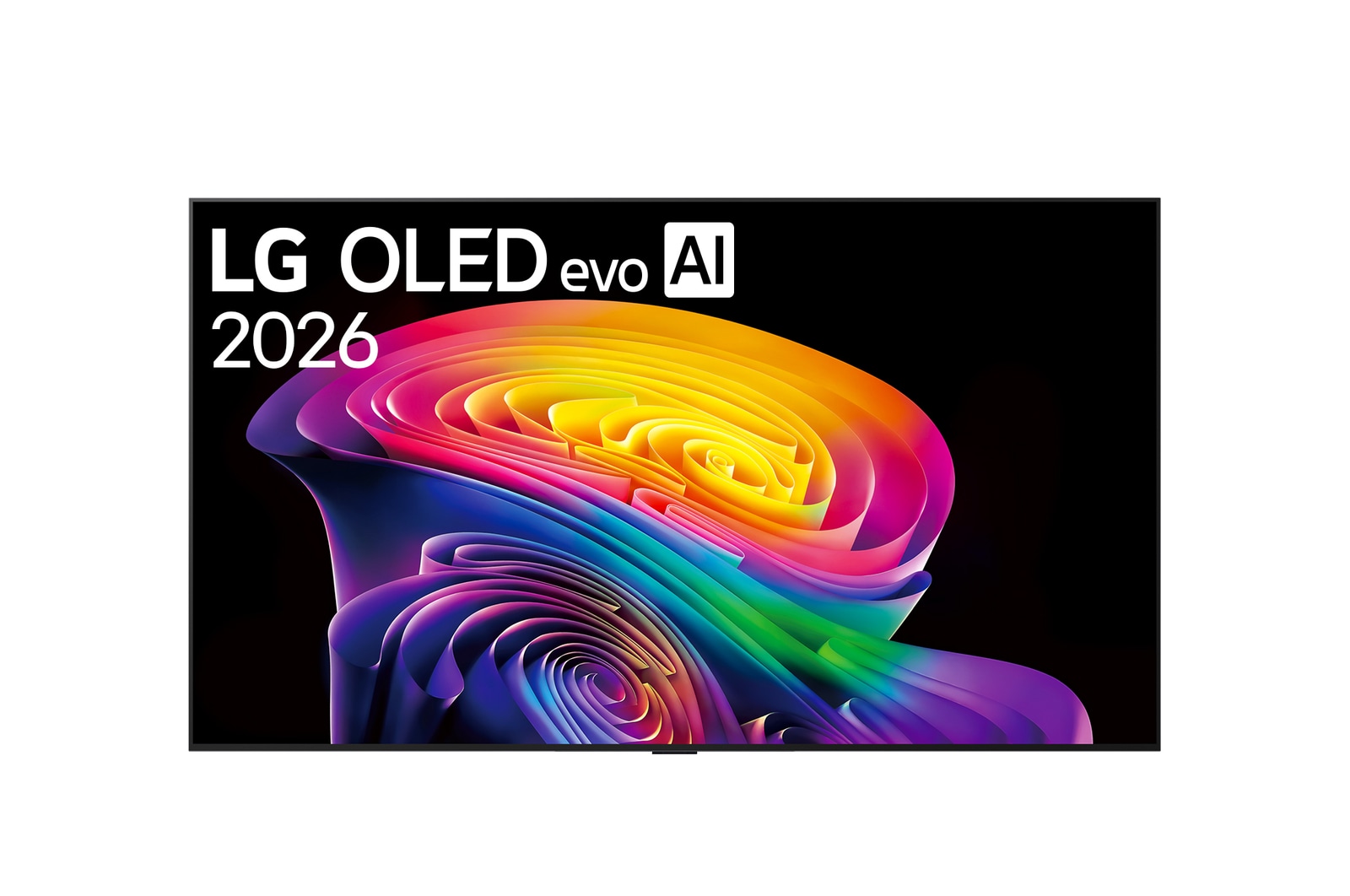 The front view of the LG OLED evo AI C6, released in 2026, displays an image of layered, multicolored forms, featuring Perfect Black & Perfect Color, along with the World’s No.1 OLED TV for 13 Years badge.