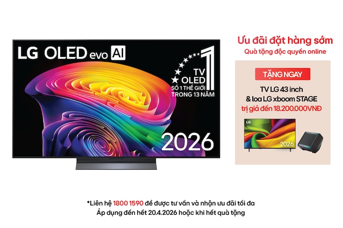 The front view of LG OLED evo AI C6, released in 2026, features a slim black bezel, with a vivid, sculpted swirl of layered rainbow tones flowing across the screen.