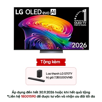 Hình ảnh mặt trước của TV 4K LG OLED evo AI C6 2026 77 inch OLED77C6PSA