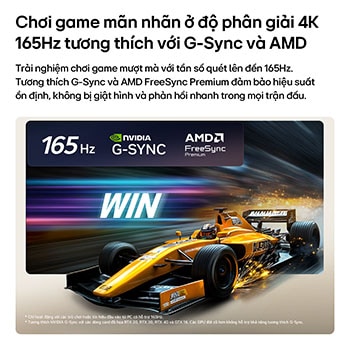 LG OLED evo AI C6 for Unbeatable Gameplay in 4K 165Hz shows a high-speed racing game with a yellow open-wheel car in motion, bold “WIN” text on screen, and NVIDIA G-SYNC and AMD FreeSync Premium logos at the top.