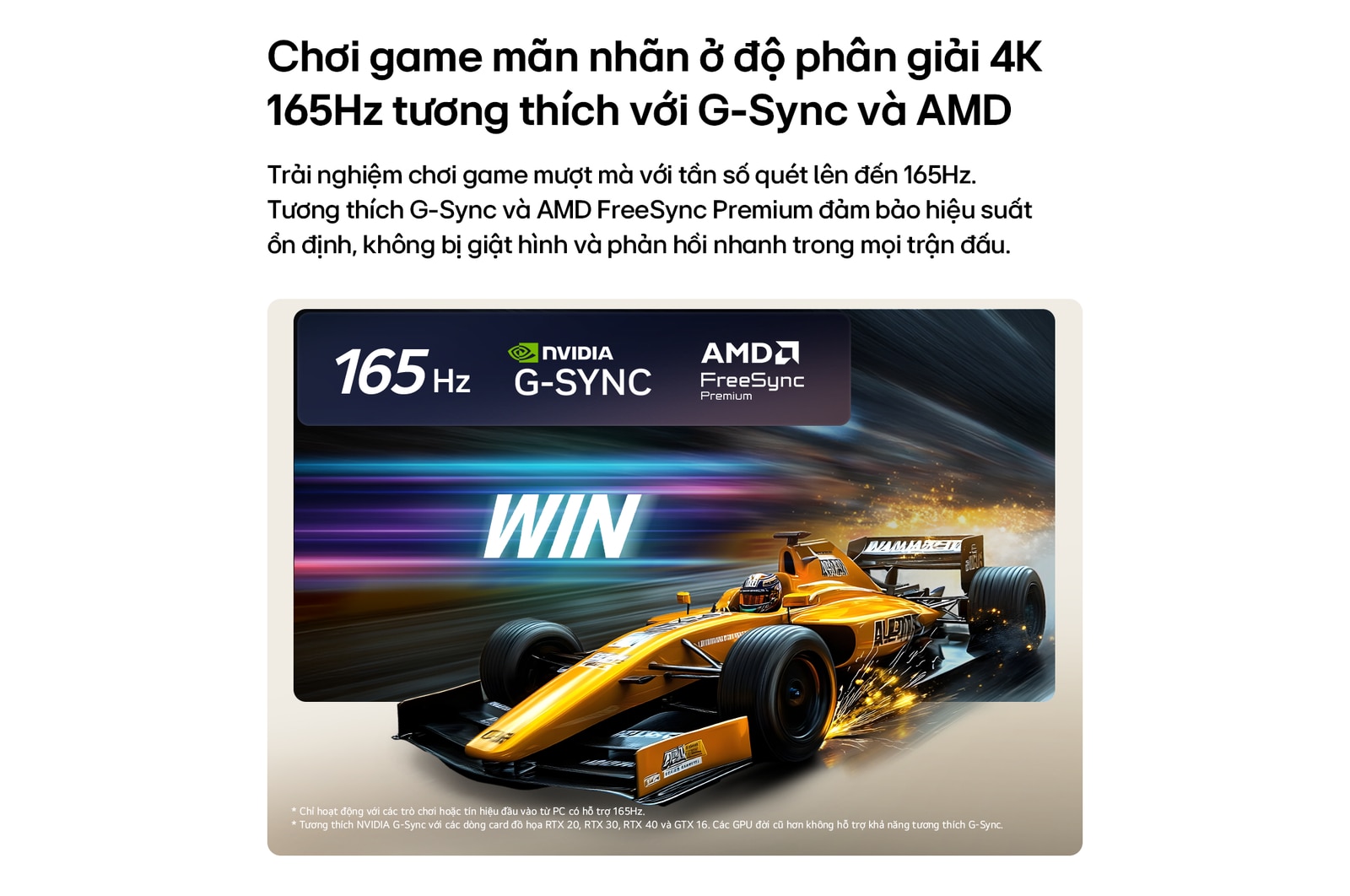 LG OLED evo AI C6 for Unbeatable Gameplay in 4K 165Hz shows a high-speed racing game with a yellow open-wheel car in motion, bold “WIN” text on screen, and NVIDIA G-SYNC and AMD FreeSync Premium logos at the top.