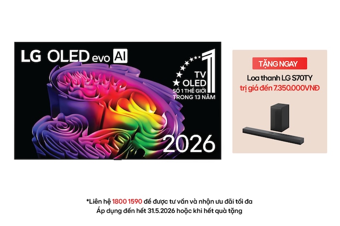 The front view of LG OLED evo AI G6, released in 2026, features a slim black bezel, with a vivid, sculptural image of richly layered, multicolored forms filling the screen.