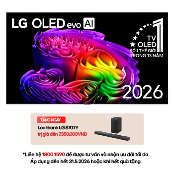 The front view of LG OLED evo AI G6, released in 2026, features a slim black bezel, with a vivid, sculptural image of richly layered, multicolored forms filling the screen.