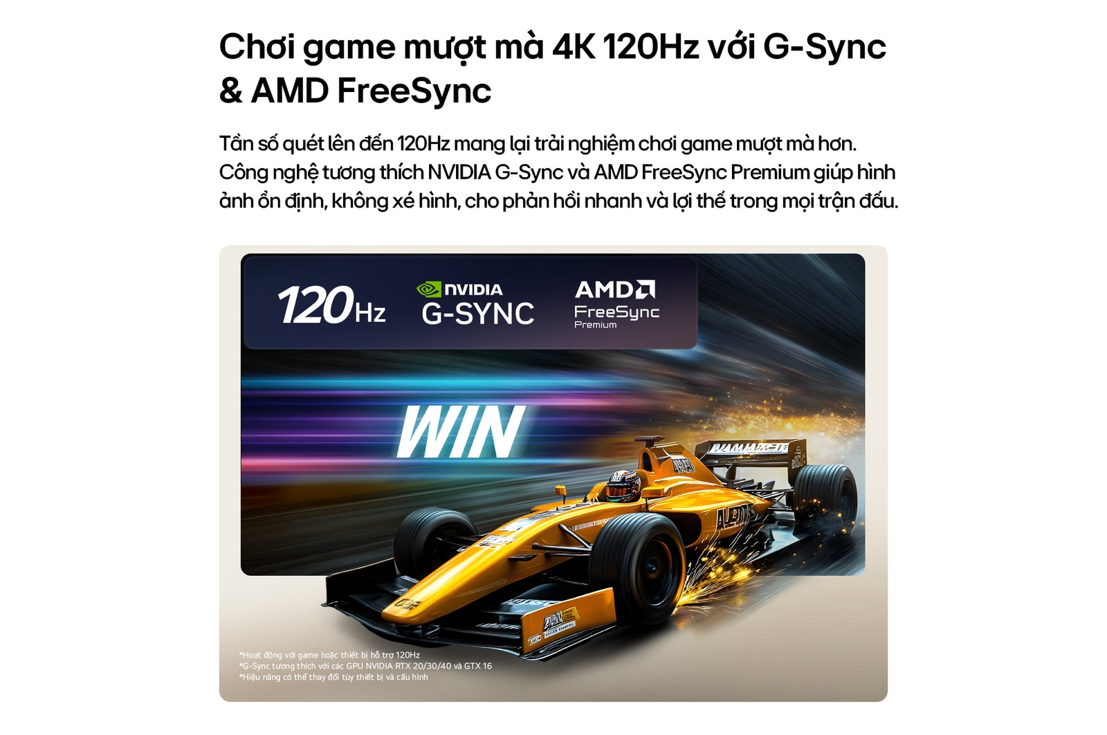 LG OLED evo AI G6 for Unbeatable Gameplay in 4K 165Hz shows a high-speed racing game with a yellow open-wheel car in motion, bold “WIN” text on screen, and NVIDIA G-SYNC and AMD FreeSync Premium logos at the top.