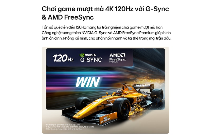 LG OLED evo AI G6 for Unbeatable Gameplay in 4K 165Hz shows a high-speed racing game with a yellow open-wheel car in motion, bold “WIN” text on screen, and NVIDIA G-SYNC and AMD FreeSync Premium logos at the top.