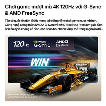 LG OLED evo AI G6 for Unbeatable Gameplay in 4K 165Hz shows a high-speed racing game with a yellow open-wheel car in motion, bold “WIN” text on screen, and NVIDIA G-SYNC and AMD FreeSync Premium logos at the top.