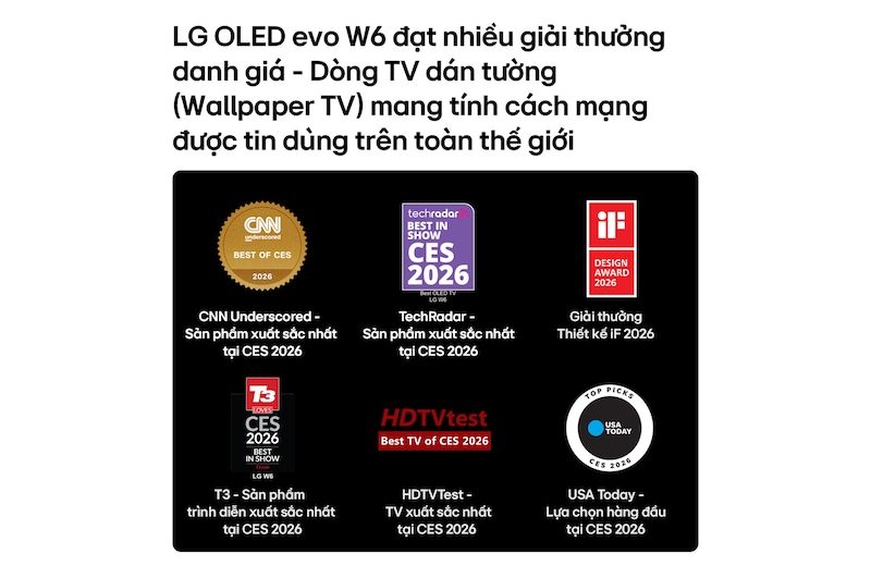 LG OLED evo AI W6 Wallpaper TV highlights its industry recognition with five on-screen award badges from CNN underscored, TechRadar, iF design award, T3, HDTVTest, and USA Today, reinforcing its global acclaim and leadership at CES 2026.