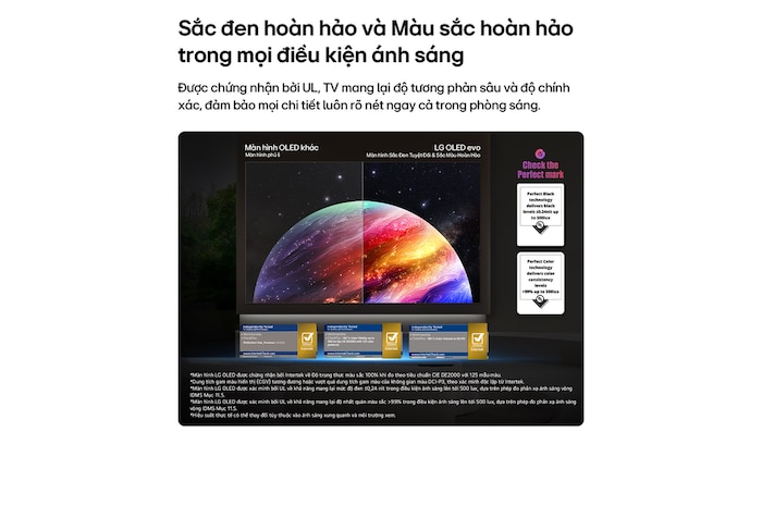 LG OLED evo AI W6 Wallpaper TV shows a split-screen planet-and-stars scene, comparing an anti-glare matte display with its Perfect Black & Perfect Color display for clearer picture quality in any light, supported by UL certification and Intertek certifications for color accuracy and Reflection-Free.