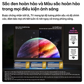 LG OLED evo AI W6 Wallpaper TV shows a split-screen planet-and-stars scene, comparing an anti-glare matte display with its Perfect Black & Perfect Color display for clearer picture quality in any light, supported by UL certification and Intertek certifications for color accuracy and Reflection-Free.