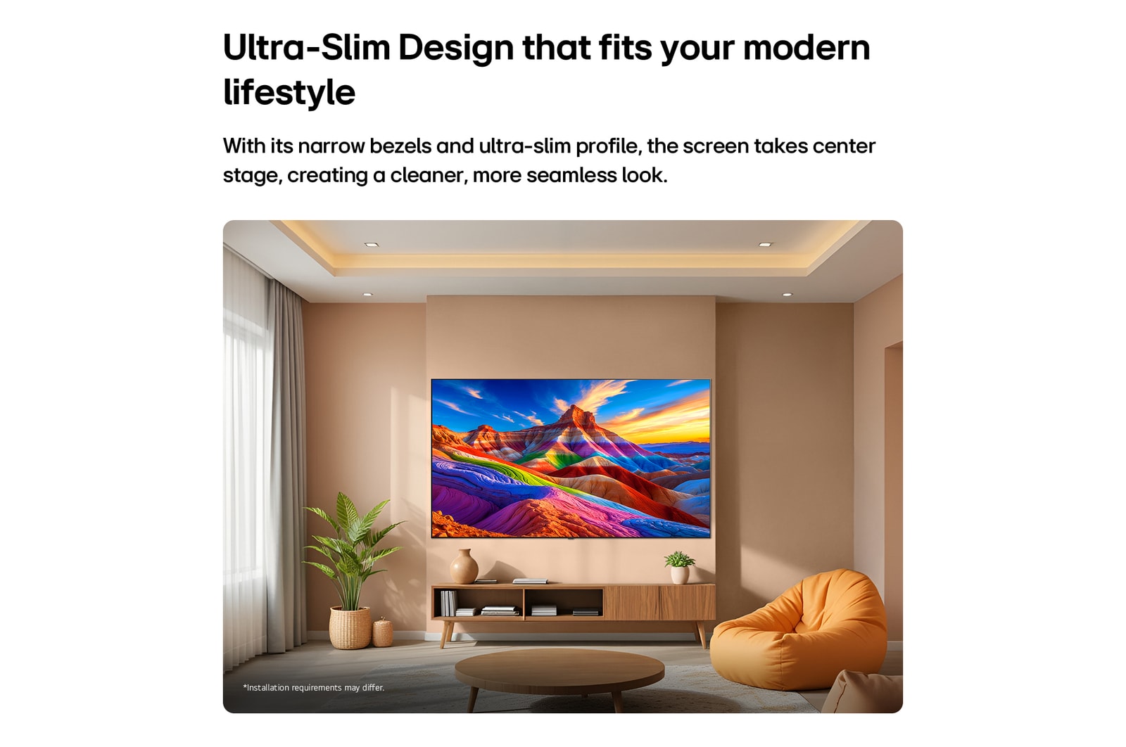 LG OLED AI B6 is wall-mounted in a styled living space, featuring an ultra-slim design with narrow bezels, and it displays a rainbow-toned landscape with layered mountain forms on screen.