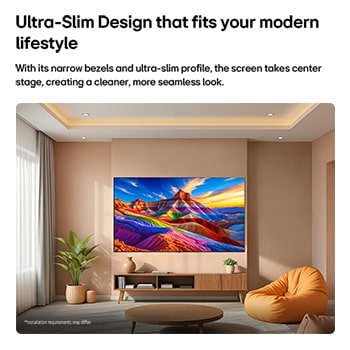 LG OLED AI B6 is wall-mounted in a styled living space, featuring an ultra-slim design with narrow bezels, and it displays a rainbow-toned landscape with layered mountain forms on screen.
