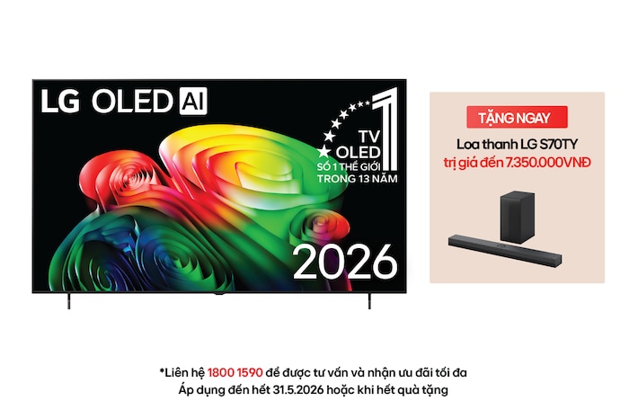 The front view of LG OLED AI B6, released in 2026, features a slim black bezel, with a vivid, sculptural image of richly layered, multicolored forms filling the screen.